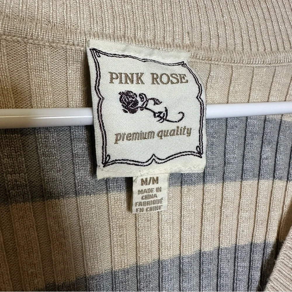 Pink Rose Beige Stripped Waist Snatching Ribbed Knit Long Sleeved V-neck Sweater - Picture 3 of 4